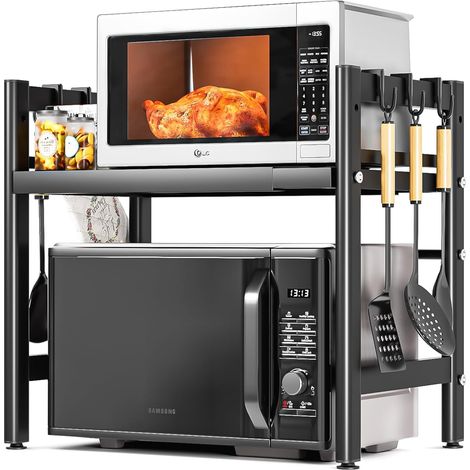 Support pour Micro Onde et Four Extensible Etagere Micro-Ondes, Support en Métal Four à Micro-étagère pour Micro-Ondes avec 6 Crochets Suspendus Meuble Micro Ondes Cuisine Rangement (1/5)