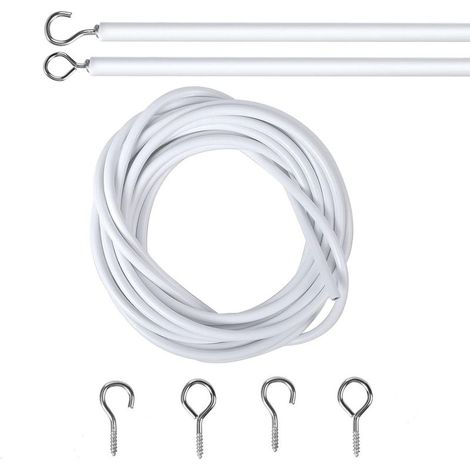 2M Cable pour Rideaux, Blanc Fil de Rideau avec 2 Pièces Piton à Visser Boulons à Oeil et 2 Pièces Crochets à Visser, Câble de Rideau Enduite de Plastique, Cable Rideau Tringle Rideau Souple (1/5)
