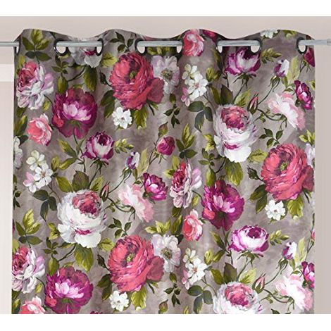 Homemaison – Rideau vintage motifs fleuris rose 150x260 cm – 100% polyester jacquard – Finition haut 8 œillets ronds – Lavable à 30° (1/2)