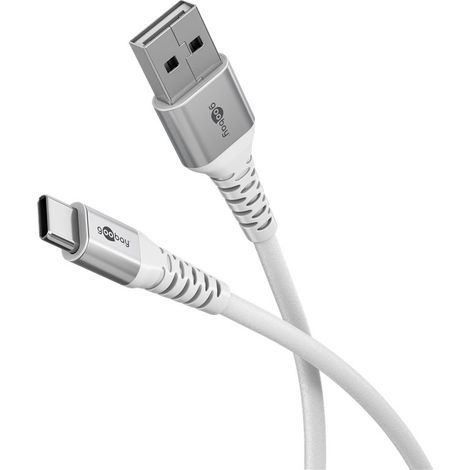 USB-C™ auf USB-A Supersoftes Textilkabel mit Metallsteckern, 1 m, weiß, elegantes und extrarobustes Verbindungskabel für Geräte mit USB-A- oder USB-C™-Anschluss. Kabellänge 1 m