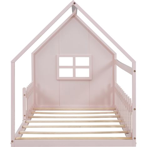 Cama infantil 90 x 200 cm con forma de casa rosa en pino y MDF (1/5)