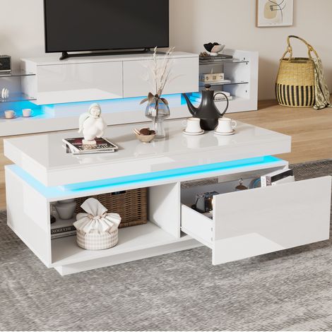 Mesa de centro moderna con LED 100 x 50 x 40,3 cm, con cajón, blanca HAVRYA (1/5)