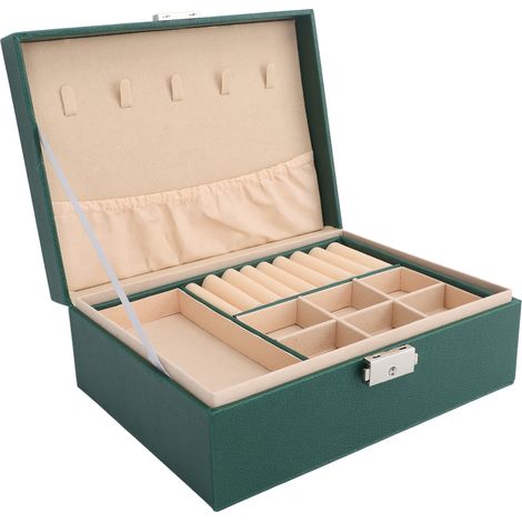 Boîte à bijoux double couche en cuir PU souple avec serrure, vert foncé, pour colliers, bracelets et boucles d'oreilles. (1/5)