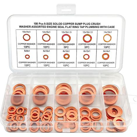 Rondelle Cuivre, Joint Vidange Assortiment Kit 100 Pcs - 9 Tailles, M5 M6 M8 M10 M12 M14 Rondelle Plate pour L'étanchéité des Vis Bagues D'étanchéité (1/5)
