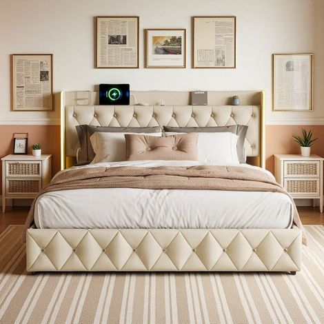 Cama Doble 160x200cm - Cama Cofre Hidráulica - Tejido Terciopelo Beige - LED RGB - Carga Inalámbrica