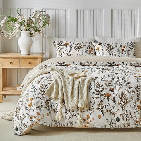 Bettwäsche-Set 3-teilig 240x220 cm mit Blumenmuster, Mikrofaser, Weiß Beige