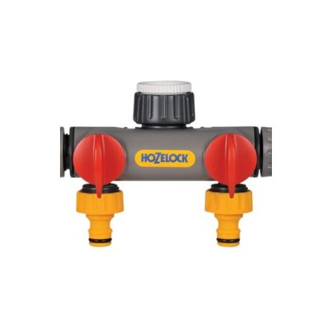 Hozelock 2-Way Tap Connector 21mm-33.3mm (1/2-1in BSP) with Dual Quarter-Turn Valves