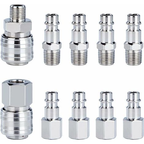 Raccord Rapide de Compresseur 1/4"BSP Coupleur Pneumatique d\'air Kit Raccords de Tuyau Connecteur Homme Femme 10 Pièces (1/5)