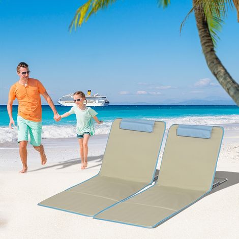 Ensemble 2 chaises longues plage pliantes oreiller,matelas 5 réglages sac transport,cadre acier solide,134x48x33-43 cm,finition beige.