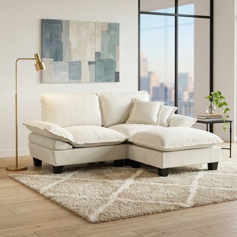 Canapé d’angle modulable façon nuage, 194 x 151 x 90 cm, chenille beige, REDOM (1/5)