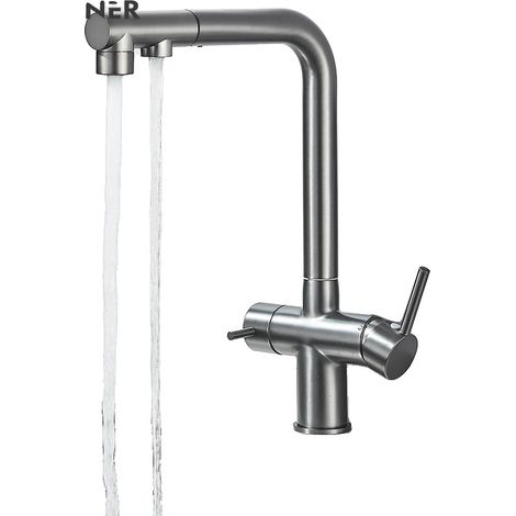 Grifo de cocina, caño extraíble, doble manija, empuñadura tipo pistola, color gris. (1/2)