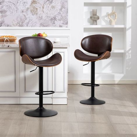 Tabouret de bar lot de 2, hauteur réglable Tabouret haut, assise PU et bois courbé, dossier ergonomique, repose-pieds, rotation 360° (1/5)