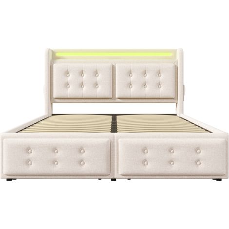Polsterbett 180x200 cm Beige mit LED, USB-C, 4 Schubladen, Lattenrost und Metallrahmen (1/5)