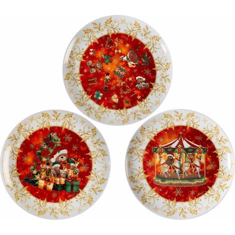 Assiettes motif vintage de Noël en porcelaine brillante alimentaire, lot de 6, diam. 20,5 cm