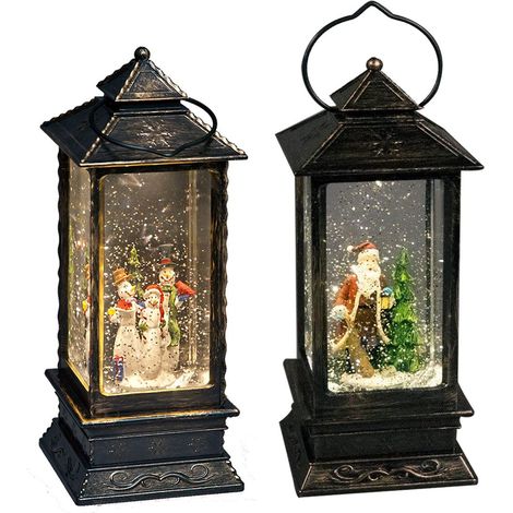 Snowman Santa LED Christmas Lantern Bundle of 2 Water Filled Glitter Snow Globe (1/2)