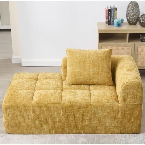 Canapé chaise longue 158/90/60 cm jaune en chenille avec poches latérales et coussin (1/5)