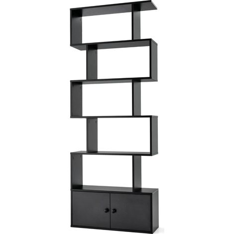 Librería tipo escalera de 70 x 23 x 183 cm con armario de diseño geométrico moderno en madera negra 200010757