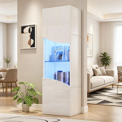 Vitrine Haute 35x50x165 cm Blanche Haute Brillance avec LED, Grand Rangement et Façade Ondulée Incurvée (1/5)
