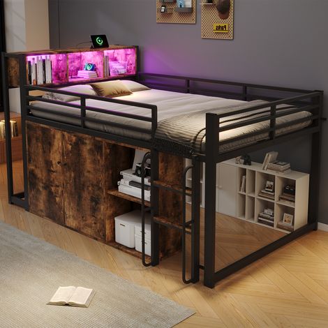 Pour chambre ado : gain de place avec ce lit mezzanine 120x200 cm métal noir et bois, armoire, étagère, LED et prise (1/5)