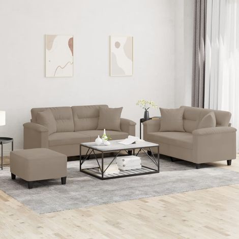 3-tlg. Sofagarnitur mit Kissen Taupe Mikrofasergewebe