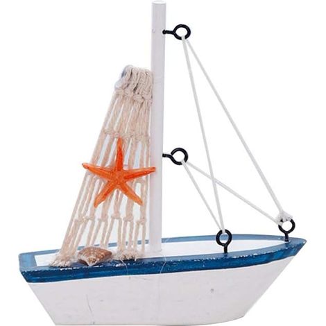 Modèle Voilier En Bois - Décoration Nautique Avec Ancre Filet De Pêche Coquillage Etoile De Mer - Pour Voiture Bureau Salon Chambre - 11,5 x 3 x 12,5 cm