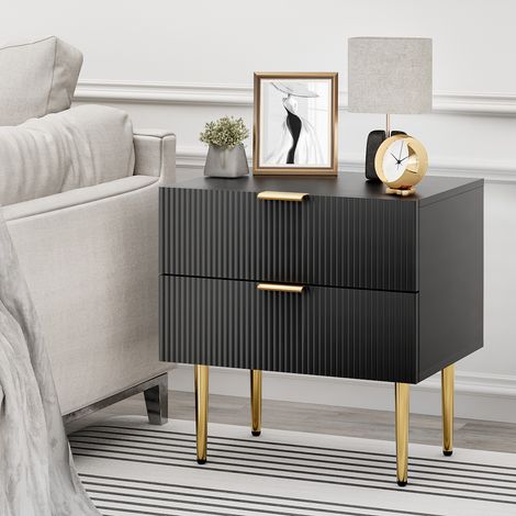 Table de chevet noire à motif ondulé avec 2 tiroirs, table de nuit moderne avec pieds en métal, 1 pièce