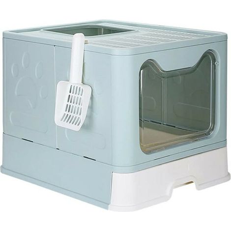 Bac à Litière pour Chat, Grande Maison de Toilette Chat Pliable avec Couvercle, Bac de Tiroir et Pelle à Litière, Portable, 51 x 41 x 38 cm, Bleu (1/5)