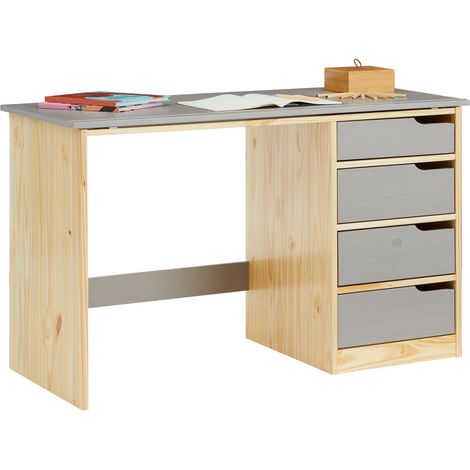 Idimex – Bureau enfant inclinable en pin massif – 4 tiroirs – Coloris naturel et lasuré gris – Plateau ajustable pour confort visuel