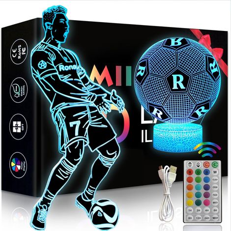 Lot de 2 Veilleuses Football 3D LED - 16 Couleurs avec Télécommande - Décoration Chambre Enfant - Cadeau Garçon 3-12 Ans - Design Sportif (1/5)