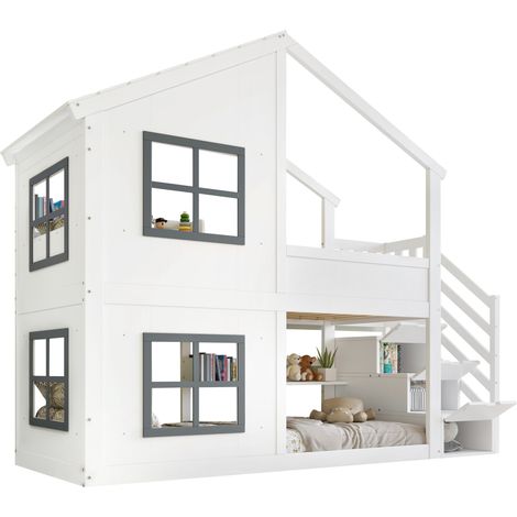Lit superposé enfant bois massif + MDF blanc/gris 90x200 cm avec escalier rangement 3 niveaux, sommier à lattes (1/5)