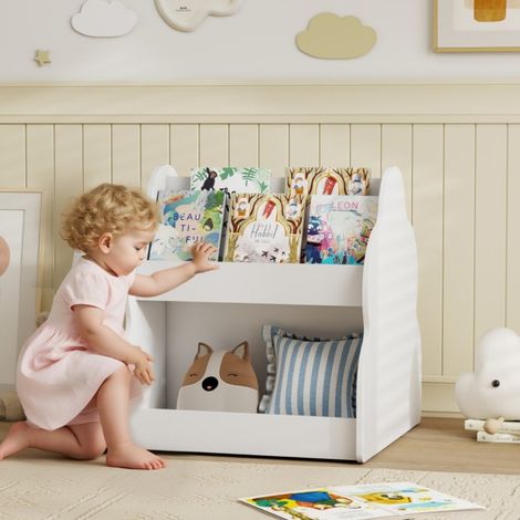Bibliothèque enfant mobile-2 niveaux-4 tablettes-Rangement chambre ou salle de jeu-Blanc-54x50x56(cm) (1/5)