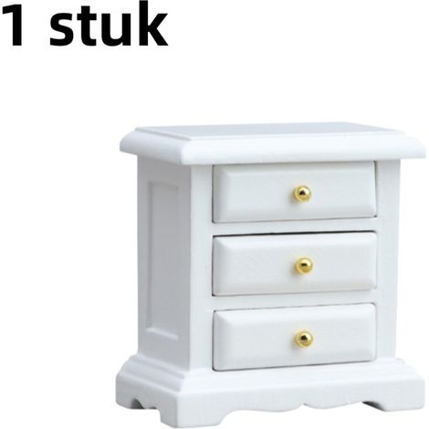 Maquette de meuble miniature en bois à l'échelle 1:12 représentant une table de chevet ou une commode, couleur blanche. (1/5)