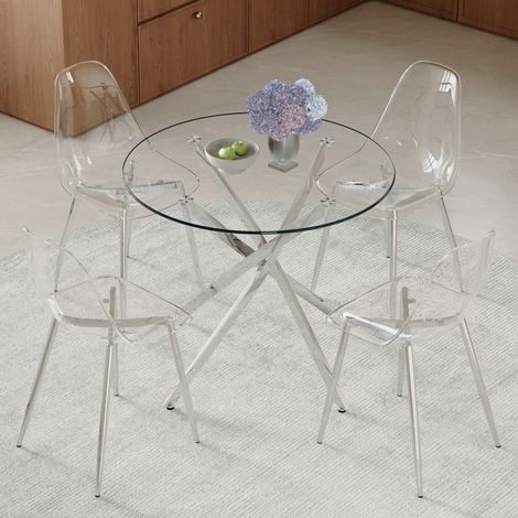 Ensemble table verre trempé 88 cm + 4 chaises plastique transparent. Ensemble moderne discret,parfait pour les petites salles à manger. (1/5)