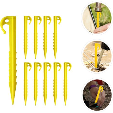 Lot de 10 piquets de camping en plastique, Ancrages au sol filetés et résistants au vent pour tentes,Accessoires idéaux pour tentes(Jaune) (1/5)