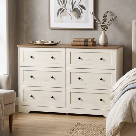 Commode de Chambre, Meuble Polyvalent Chambre Style Cottage, 6 Tiroirs, 40 x 120 x 78 cm, Blanc et Marron (1/5)