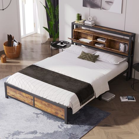 Lit double moderne 140x200 cm en métal et bois naturel avec tête de lit de rangement et sommier à lattes métal (1/5)