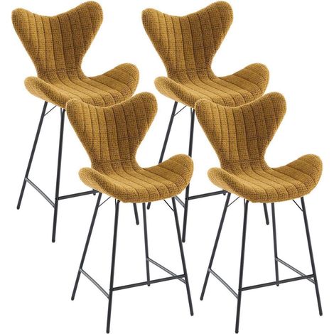 Barhocker 4er Set mit Stepp-Rückenlehne aus Chenille, Metallbeine, Gelb (1/5)