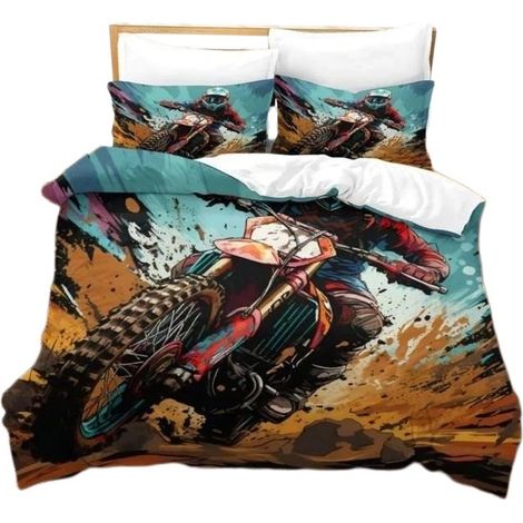 Parure de lit imprimée en 3D Motocross, 3 pièces, housse de couette en microfibre avec taies d'oreiller, 140 x 200 cm (1/4)
