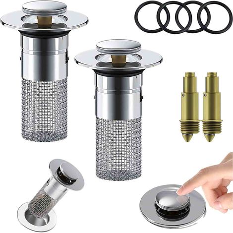 Bouchon Évier Salle De Bain - Mécanisme À Levier - Filtre Anti-Cheveux En Acier Inoxydable 304 - Compatible Universel 34 mm Et 40 mm - 1 Pièce (1/5)