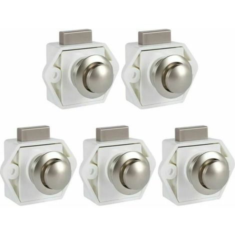 Lntyq Lot de 5 Boutons Poussoirs Loquets sans Clé - Serrures de Porte Meuble Fermeture pour RV, Caravane, Placard, Meuble d'Épaisseur (Blanc)