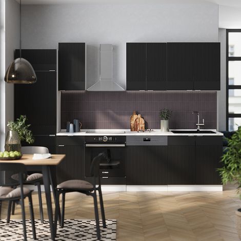 Mueble de cocina Fame-Line, Negro a rayas/blanco, 300 cm sin encimera, Vicco (1/5)