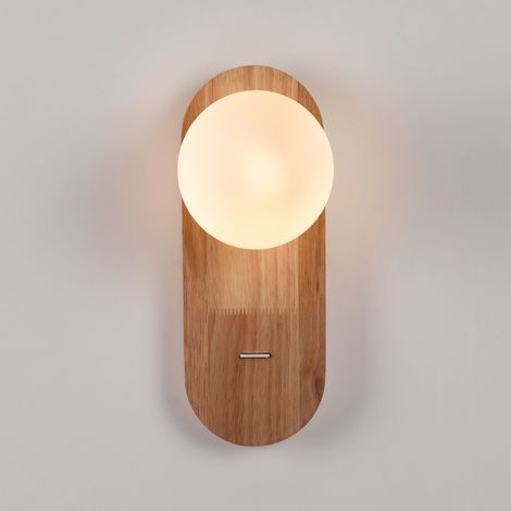 Wandleuchte Kugel aus Glas "SOMA" mit Schalter - E27 - Holz