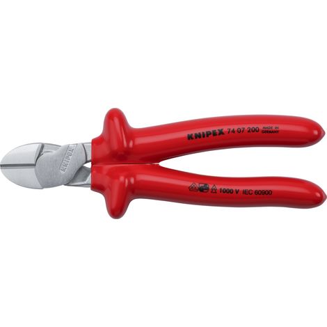 KNIPEX 74 07 200 Alicates de corte diagonal de fuerza aislados por inmersión en plástico reforzado, según norma VDE cromado 200 mm