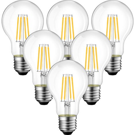 6.5W Ampoule Led E27 Blanc Chaud, A60 Ampoule Filament 2700K, 806Lm Equivalent à Ampoule Incandescente 60W, Lampe Rétro Edison de Verre Transparent, Non-dimmable, Lot de 6 (1/5)