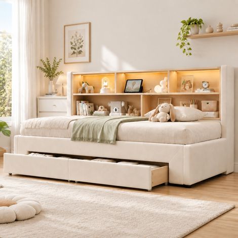 Lit banquette extensible 90x200 cm avec 2 tiroirs, USB et LED, velours beige HAVRYA (1/5)