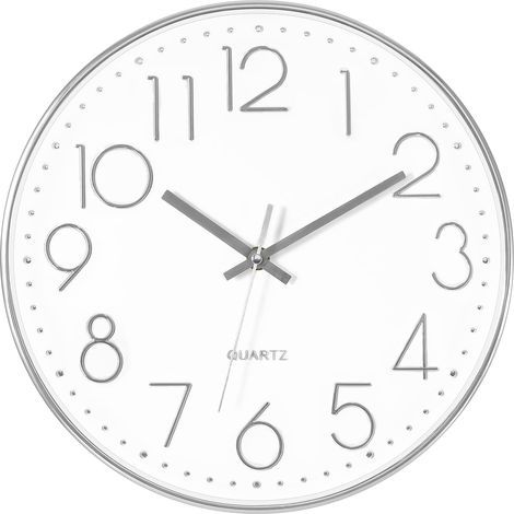 Horloge murale argentée, silencieuse, sans tic-tac, fonctionne à piles, ronde et moderne, pour bureau, école, décoration de la maison, 12 pouces (1/5)