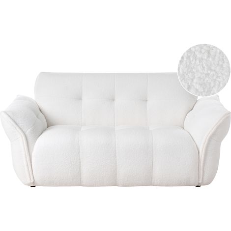 Sofá 2 plazas minimalista con respaldo y parte delantera de bouclé patas de madera negras con tapones sala de estar acogedora blanco Halba (1/5)