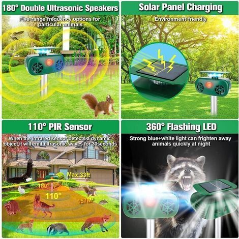 Répulsif solaire pour animaux,répulsif à ultrasons pour animaux nuisibles, étanche, avec flash activé par le mouvement, alarme lumineuse LED, chien, chat, écureuils, souris, lapin, renard, vert, 1 piè (1/3)