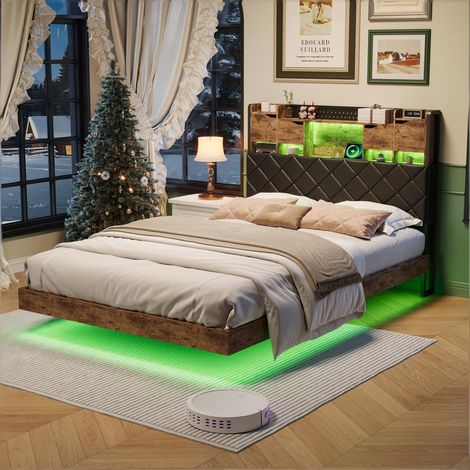 Structure de Lit Flottant 140x200 cm avec LED, 2 Personnes, Tête de lit Rembourrée Rangement et Station de Charge, USB, Marron Noir (1/5)