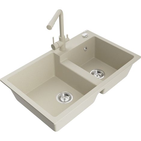 Mexen Tomas évier en granit 2 bacs avec robinet de cuisine Duero, beige - 6516-69-671600-69 (1/5)